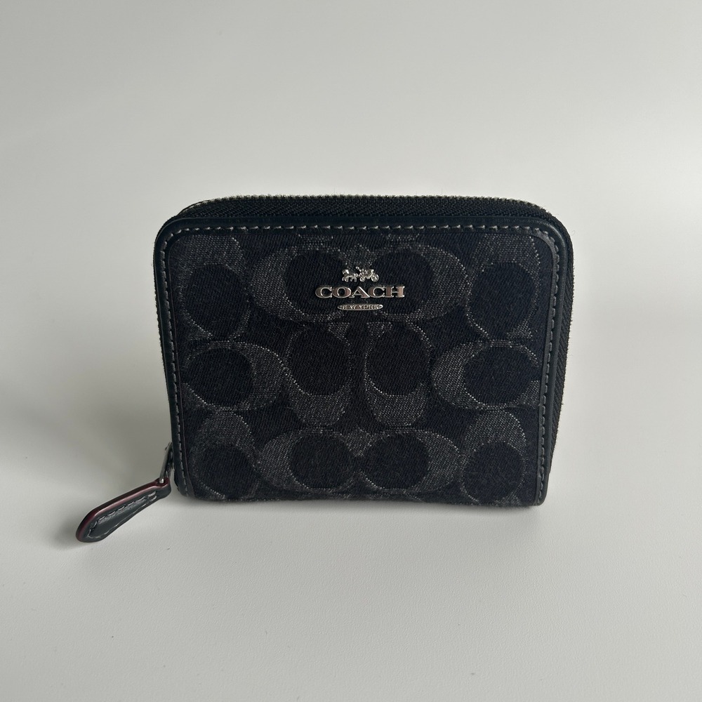 Coach Small Zip Around Black Signature Denim Canvas Leather Wallet Excellent